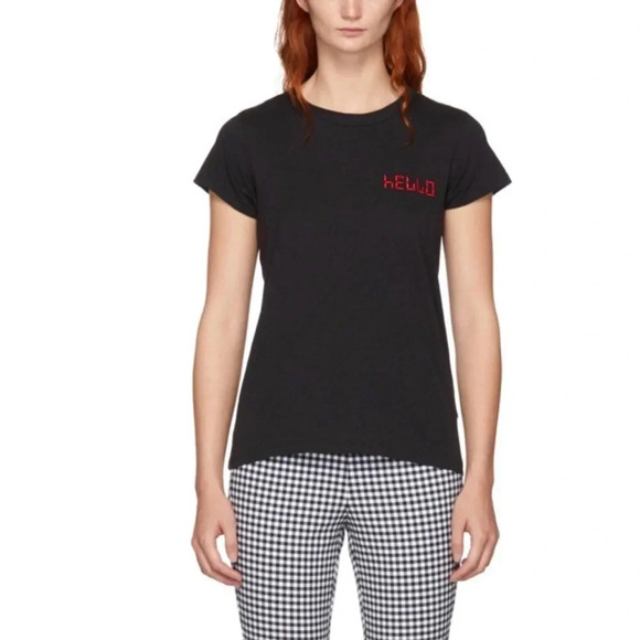 Rag & Bone w/ cute and subtle "Hello" Embroidery Black T-shirt L M - Picture 1 of 7